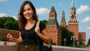 Hình ảnh minh hoạ: Du học sinh quốc tế tại Nga trước điện Kremlin, Moscow hạnh phúc sau quá trình theo đuổi và tự trả lời thành công câu hỏi "Du học Nga nên học ngành gì?"