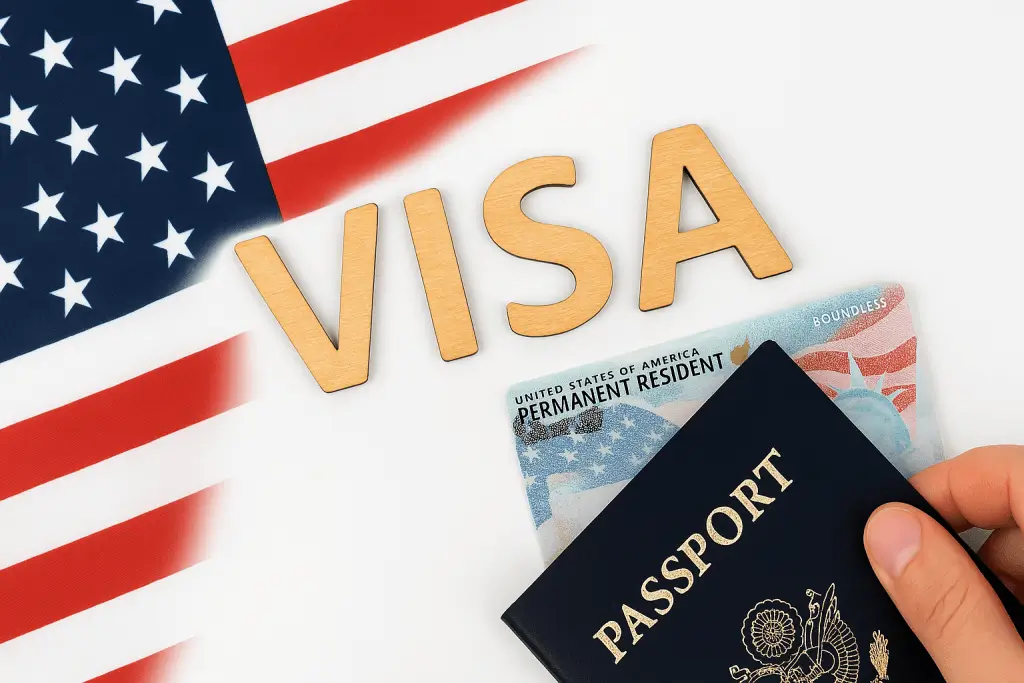 Visa du học Mỹ 2025 – ảnh minh họa hộ chiếu và quốc kỳ Hoa Kỳ