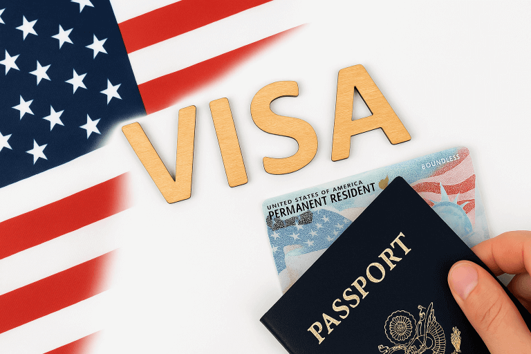 Visa du học Mỹ 2025 – ảnh minh họa hộ chiếu và quốc kỳ Hoa Kỳ